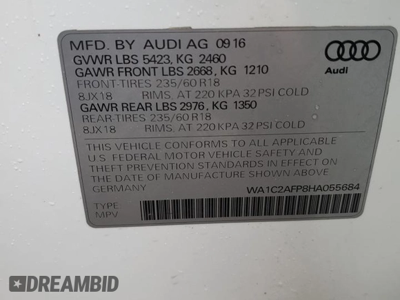 2017 Audi Q5 Premium with VIN WA1C2AFP8HA055684, listed as a Copart auction lot 51069485 with 96,721 mi miles and Salvage Title. Bid and sale history available at carsss.com. Image 13.