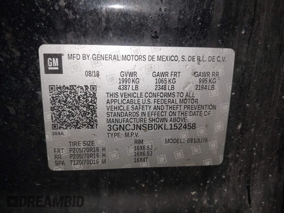 2019 Chevrolet Trax LS with VIN 3GNCJNSB0KL152458, listed as a IAAI auction lot 41944875 with 118,055 mi miles. Bid and sale history available at carsss.com. Image 9.
