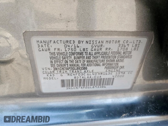 2016 Nissan Versa S with VIN 3N1CN7AP2GL893386, listed as a Copart auction lot 62690355 with 46,970 mi miles and Salvage title. Bid and sale history available at DreamBid. Image 13.
