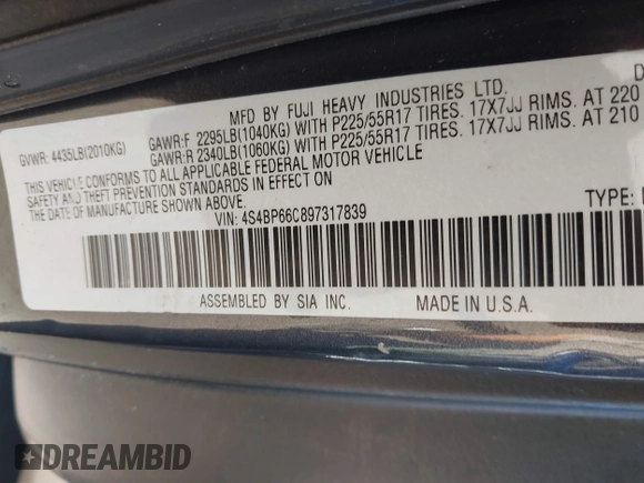 2009 Subaru Outback Limited with VIN 4S4BP66C897317839, listed as a IAAI auction lot 42755731 with 186,380 mi miles and . Bid and sale history available at DreamBid. Image 9.