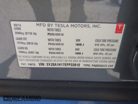 2014 Tesla Model S 60 z VIN 5YJSA1H17EFP33910, wystawiony jako IAAI lot #42346934 z przebiegiem Nie podano mil oraz . Historia ofert i sprzedaży dostępna na DreamBid. Obrazek 9.