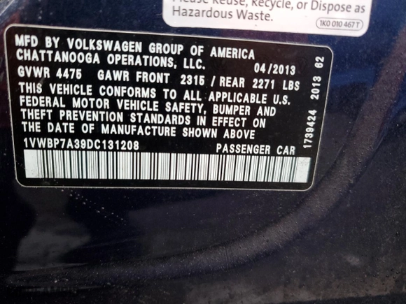 2013 Volkswagen Passat SE with VIN 1VWBP7A39DC131208, listed as a Copart auction lot 44503665 with 94,163 mi miles and Clean Title. Bid and sale history available at carsss.com. Image 12.