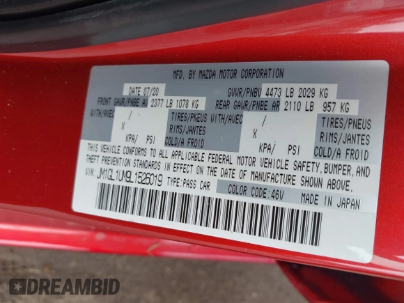 2020 Mazda 6 Sport with VIN JM1GL1UM9L1526019, listed as a IAAI auction lot 42092321 with 73,660 mi miles and . Bid and sale history available at DreamBid. Image 9.