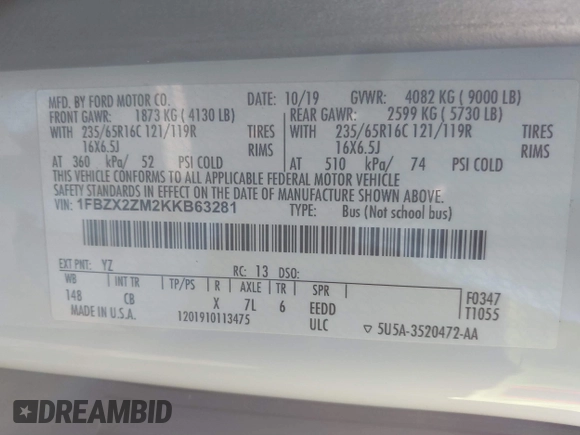 2019 Ford Transit Passenger XL z VIN 1FBZX2ZM2KKB63281, wystawiony jako IAAI lot #41859263 z przebiegiem 39 294 mil mil oraz . Historia ofert i sprzedaży dostępna na DreamBid. Obrazek 9.