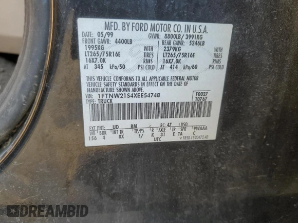 1999 Ford Super Duty F-250 XL with VIN 1FTNW21S4XEE54748, listed as a Copart auction lot 41395325 with 298,200 mi miles and Salvage Title. Bid and sale history available at carsss.com. Image 12.