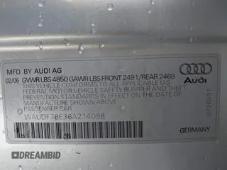 2006 Audi A4 2.0T z VIN WAUDF78E36A214098, wystawiony jako IAAI lot #42055726 z przebiegiem 166 990 mil mil oraz . Historia ofert i sprzedaży dostępna na DreamBid. Obrazek 9.