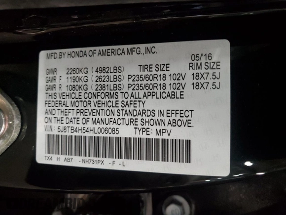 2017 Acura RDX w/Technology Pkg with VIN 5J8TB4H54HL006085, listed as a Copart auction lot 45162985 with 68,573 mi miles and Salvage Title. Bid and sale history available at carsss.com. Image 13.