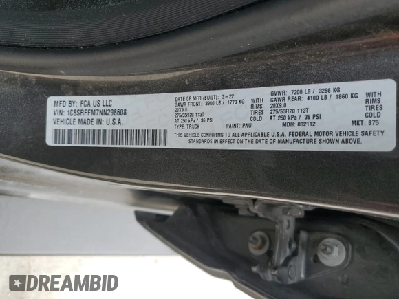 2022 Ram 1500 Big Horn with VIN 1C6SRFFM7NN298608, listed as a Copart auction lot 47785455 with 63,945 mi miles and Salvage Title. Bid and sale history available at carsss.com. Image 12.