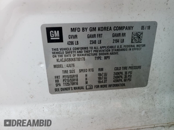 2019 Buick Encore Preferred with VIN KL4CJASB0KB700178, listed as a Copart auction lot 55029485 with 21,512 mi miles and Salvage Title. Bid and sale history available at DreamBid. Image 14.