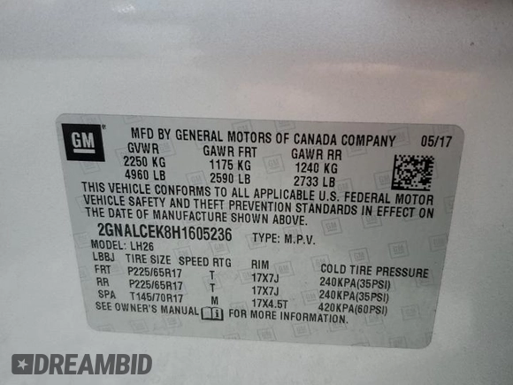 2017 Chevrolet Equinox LT with VIN 2GNALCEK8H1605236, listed as a Copart auction lot 57721904 with 87,316 mi miles and Salvage Title. Bid and sale history available at carsss.com. Image 12.