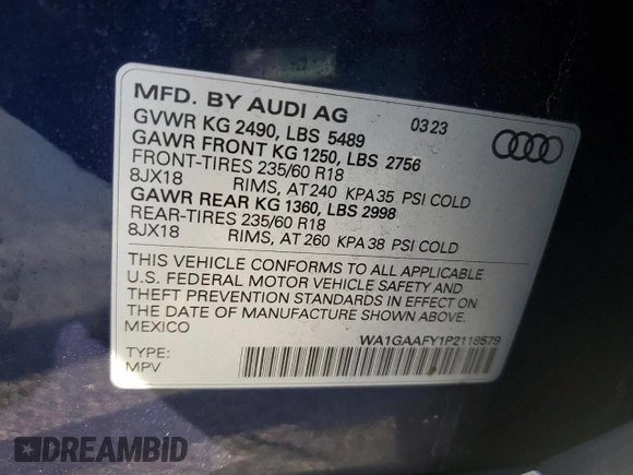 2023 Audi Q5 S line Premium with VIN WA1GAAFY1P2118579, listed as a Copart auction lot 43068015 with 15,662 mi miles and Salvage title. Bid and sale history available at DreamBid. Image 13.