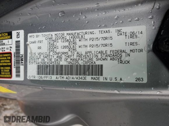 2014 Toyota Tacoma with VIN 5TFTX4CN9EX045332, listed as a Copart auction lot 51779175 with 62,611 mi miles and Salvage title. Bid and sale history available at DreamBid. Image 13.