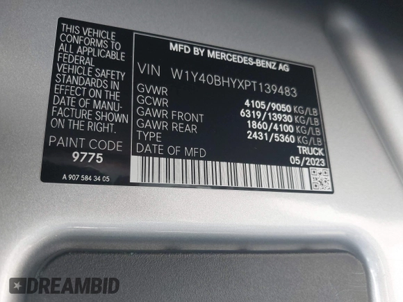 2023 Mercedes-Benz Sprinter Cargo Cargo with VIN W1Y40BHYXPT139483, listed as a IAAI auction lot 41513103 with 62,433 mi miles and . Bid and sale history available at DreamBid. Image 9.
