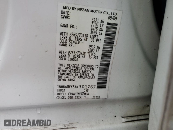 2010 Nissan Titan SE with VIN 1N6BA0EK5AN301767, listed as a Copart auction lot 44746555 with 134,824 mi miles and Salvage Title. Bid and sale history available at DreamBid. Image 13.