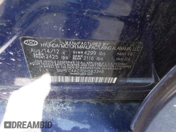2013 Hyundai Sonata Limited with VIN 5NPEC4AC7DH583348, listed as a IAAI auction lot 41889651 with 73,431 mi miles and . Bid and sale history available at DreamBid. Image 9.