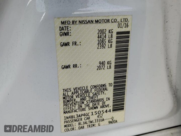 2016 Nissan Altima SR with VIN 1N4BL3AP4GC150544, listed as a Copart auction lot 82989364 with 98,922 mi miles and Salvage Title. Bid and sale history available at carsss.com. Image 12.
