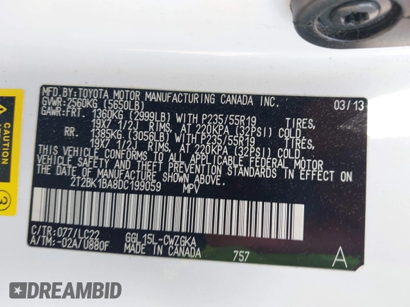 2013 Lexus RX 350 with VIN 2T2BK1BA8DC199059, listed as a IAAI auction lot 42079695 with 96,740 mi miles and . Bid and sale history available at DreamBid. Image 9.