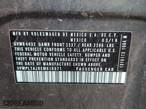 2014 Volkswagen Jetta TDI w/Sunroof с VIN 3VWPL7AJXEM615971, выставлен на аукционе Copart как лот 55934815 с пробегом 148 130 миль миль и Списание • Salvage title. История ставок и продаж доступна на DreamBid. Изображение 13.
