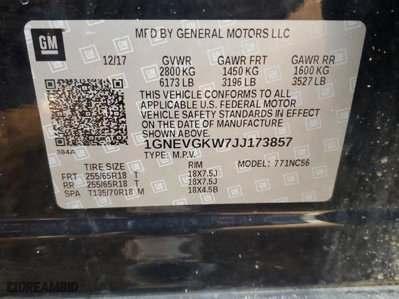 2018 Chevrolet Traverse LT Cloth with VIN 1GNEVGKW7JJ173857, listed as a Copart auction lot 49056845 with 154,989 mi miles and Clean Title. Bid and sale history available at carsss.com. Image 13.