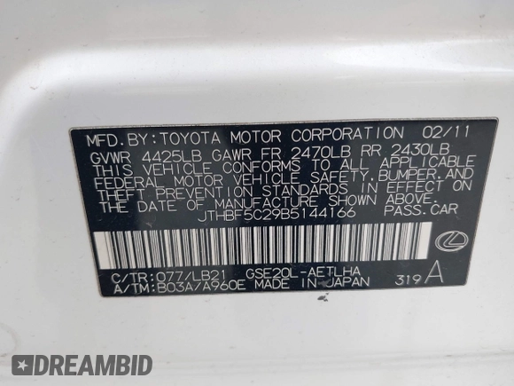 2011 Lexus IS 250 z VIN JTHBF5C29B5144166, wystawiony jako IAAI lot #41896994 z przebiegiem 341 380 mil mil oraz . Historia ofert i sprzedaży dostępna na DreamBid. Obrazek 9.