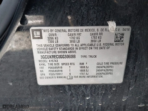 2016 Chevrolet Silverado 1500 LT with VIN 3GCUKREC0GG306088, listed as a IAAI auction lot 41870097 with 203,563 mi miles. Bid and sale history available at carsss.com. Image 9.