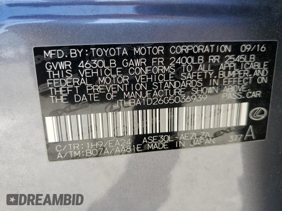 2016 Lexus IS 200t with VIN JTHBA1D26G5036939, listed as a Copart auction lot 58451515 with 84,049 mi miles and Salvage title. Bid and sale history available at DreamBid. Image 12.