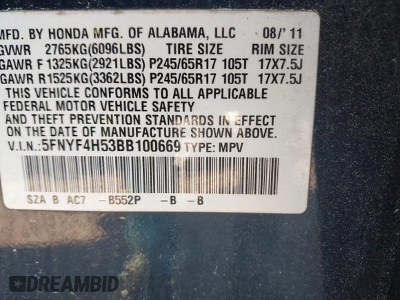 2011 Honda Pilot EX-L with VIN 5FNYF4H53BB100669, listed as a IAAI auction lot 42028998 with 137,215 mi miles. Bid and sale history available at carsss.com. Image 9.