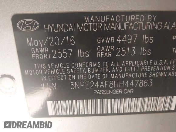 2017 Hyundai Sonata 2.4L with VIN 5NPE24AF8HH447863, listed as a IAAI auction lot 42039288 with 183,044 mi miles and . Bid and sale history available at carsss.com. Image 9.