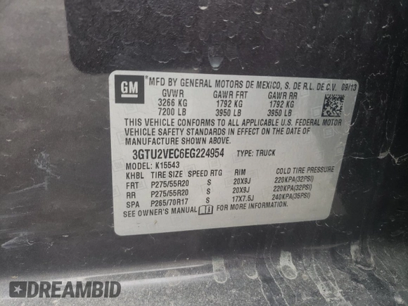 2014 GMC Sierra 1500 SLT z VIN 3GTU2VEC6EG224954, wystawiony jako Copart lot #62074012 z przebiegiem 190 215 mil mil oraz Szkoda całkowita • Salvage title. Historia ofert i sprzedaży dostępna na DreamBid. Obrazek 10.