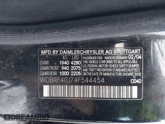 2004 Mercedes-Benz C 230 Kompressor with VIN WDBRF40J74F544454, listed as a IAAI auction lot 41567152 with 193,033 mi miles and . Bid and sale history available at DreamBid. Image 9.
