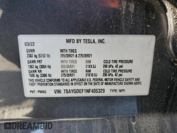 2022 Tesla Model Y Performance z VIN 7SAYGDEF1NF405329, wystawiony jako Copart lot #57249195 z przebiegiem 62 423 mil mil oraz Szkoda całkowita • Salvage title. Historia ofert i sprzedaży dostępna na DreamBid. Obrazek 14.