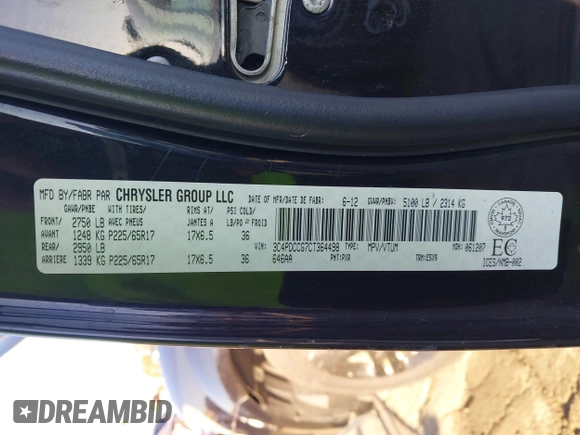 2012 Dodge Journey SXT with VIN 3C4PDCCG7CT364498, listed as a IAAI auction lot 42677342 with Not provided miles and . Bid and sale history available at DreamBid. Image 9.