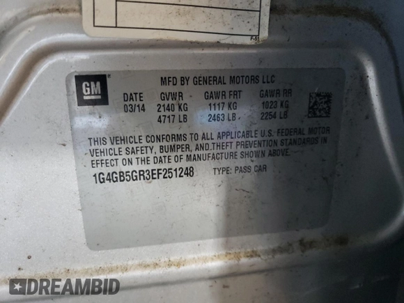 2014 Buick LaCrosse Leather with VIN 1G4GB5GR3EF251248, listed as a Copart auction lot 63519795 with 170,045 mi miles and Clean title. Bid and sale history available at DreamBid. Image 12.