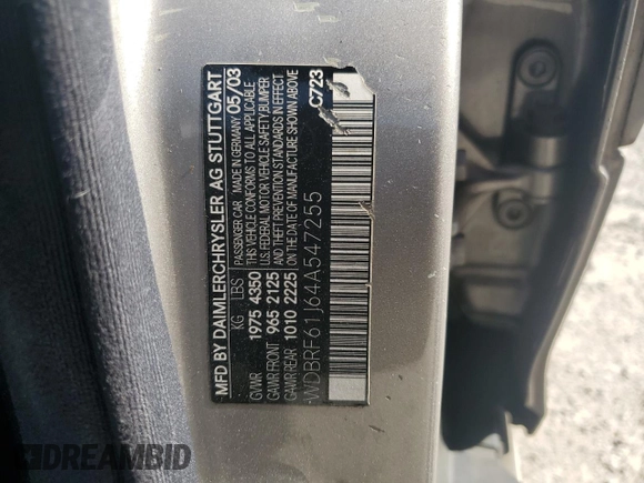 2004 Mercedes-Benz C 240 with VIN WDBRF61J64A547255, listed as a Copart auction lot 57028165 with 201,109 mi miles and Salvage title. Bid and sale history available at DreamBid. Image 12.