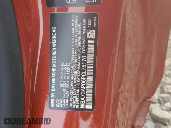 2023 BMW 4 Series 430i xDrive with VIN WBA73AP06PCL78170, listed as a Copart auction lot 70488264 with 11,801 mi miles and Salvage title. Bid and sale history available at DreamBid. Image 12.