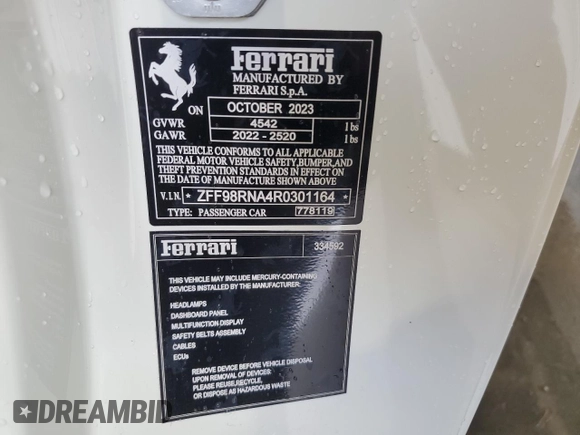 2024 Ferrari Roma z VIN ZFF98RNA4R0301164, wystawiony jako Copart lot #61120144 z przebiegiem 1263 mil mil oraz Nie do naprawy. Historia ofert i sprzedaży dostępna na DreamBid. Obrazek 13.