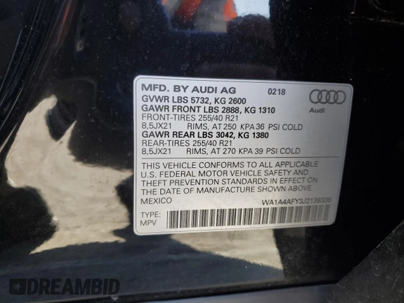2018 Audi SQ5 Premium Plus with VIN WA1A4AFY3J2138336, listed as a Copart auction lot 56343445 with 45,763 mi miles and Salvage title. Bid and sale history available at DreamBid. Image 12.