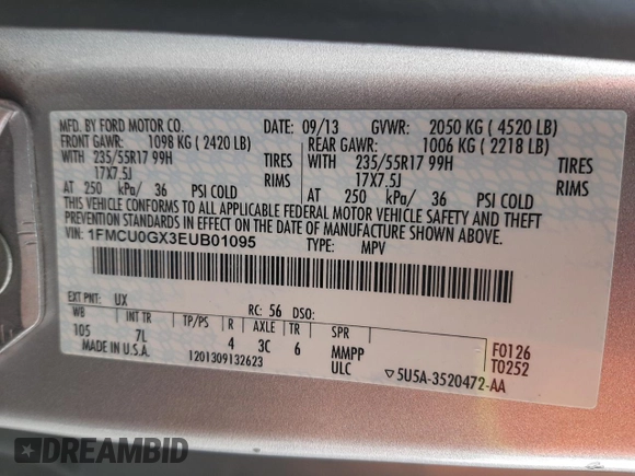 2014 Ford Escape SE with VIN 1FMCU0GX3EUB01095, listed as a Copart auction lot 51464455 with 106,731 mi miles and Salvage Title. Bid and sale history available at carsss.com. Image 12.