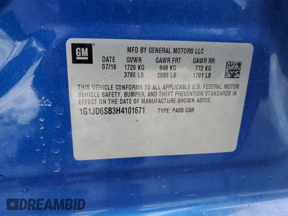 2017 Chevrolet Sonic LT with VIN 1G1JD6SB3H4101671, listed as a Copart auction lot 42578155 with 86,855 mi miles and Salvage Title. Bid and sale history available at carsss.com. Image 15.