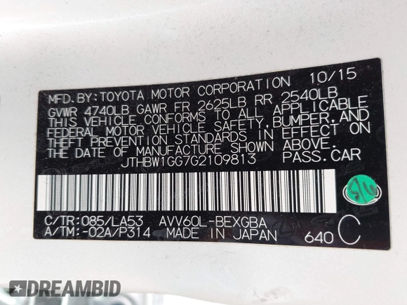 2016 Lexus ES 300h with VIN JTHBW1GG7G2109813, listed as a IAAI auction lot 42119720 with 146,698 mi miles and . Bid and sale history available at DreamBid. Image 9.