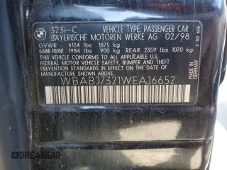 1998 BMW 3 Series 323ic with VIN WBABJ7321WEA16652, listed as a Copart auction lot 52696515 with 0 mi miles and Non Repairable. Bid and sale history available at carsss.com. Image 12.