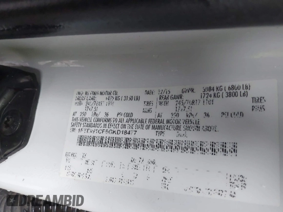 2016 Ford F-150 XL with VIN 1FTEW1CF5GKD18477, listed as a IAAI auction lot 41295275 with 168,271 mi miles and . Bid and sale history available at DreamBid. Image 9.