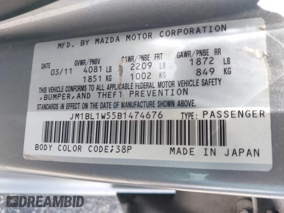 2011 Mazda 3 S Grand Touring z VIN JM1BL1W55B1474676, wystawiony jako IAAI lot #42494974 z przebiegiem 162 285 mil mil oraz . Historia ofert i sprzedaży dostępna na DreamBid. Obrazek 9.