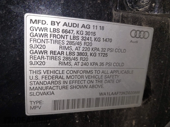 2019 Audi Q7 Premium Plus with VIN WA1LAAF73KD020866, listed as a IAAI auction lot 42283283 with 68,614 mi miles and . Bid and sale history available at DreamBid. Image 9.