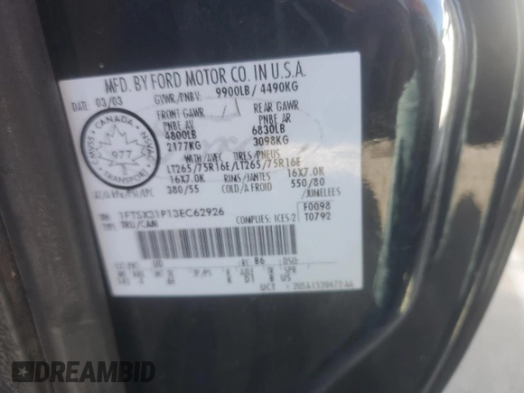 2003 Ford F-350 XL with VIN 1FTSX31P13EC62926, listed as a Copart auction lot 61341714 with 253,071 mi miles and Salvage Title. Bid and sale history available at DreamBid. Image 12.