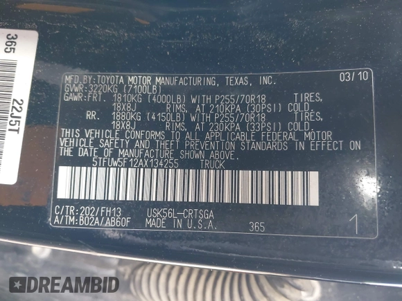 2010 Toyota Tundra z VIN 5TFUW5F12AX134255, wystawiony jako IAAI lot #42039814 z przebiegiem 145 917 mil mil oraz . Historia ofert i sprzedaży dostępna na DreamBid. Obrazek 9.