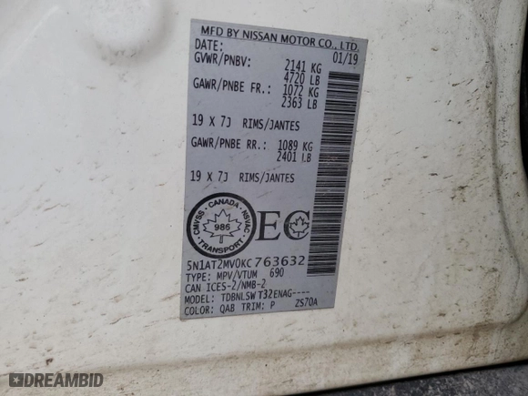 2019 Nissan Rogue SV with VIN 5N1AT2MV0KC763632, listed as a Copart auction lot 48463915 with 140,029 mi miles and Salvage Title. Bid and sale history available at carsss.com. Image 13.