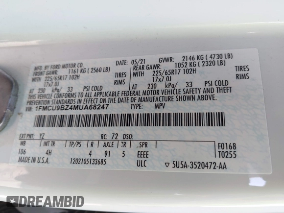2021 Ford Escape SE Hybrid with VIN 1FMCU9BZ4MUA68247, listed as a IAAI auction lot 42353179 with 132,651 mi miles and . Bid and sale history available at DreamBid. Image 9.