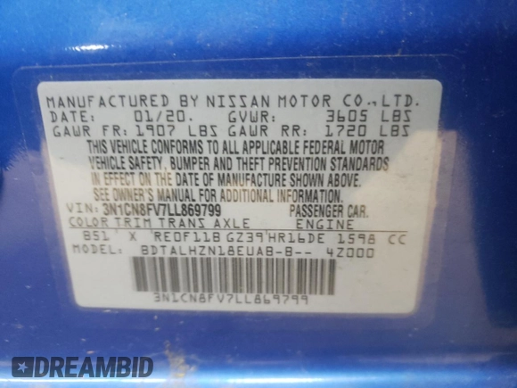 2020 Nissan Versa SR with VIN 3N1CN8FV7LL869799, listed as a Copart auction lot 88664315 with 32,038 mi miles and Salvage Title. Bid and sale history available at DreamBid. Image 14.
