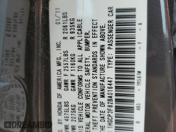 2011 Honda Accord EX-L z VIN 1HGCP3F82BA016447, wystawiony jako Copart lot #59323475 z przebiegiem 174 297 mil mil oraz Szkoda całkowita • Salvage title. Historia ofert i sprzedaży dostępna na DreamBid. Obrazek 13.